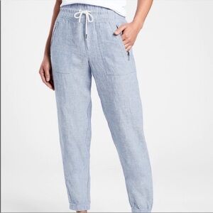Athleta Cabo 100% Linen Jogger Blue Drawstring Zipper Pocket Tie Waist Beach 6